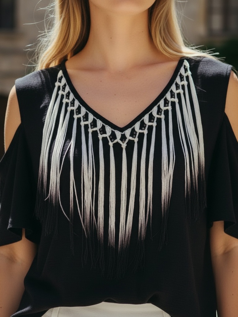 Sami & Jo Black Cold-Shoulder Short Sleeve Top with White Fringe